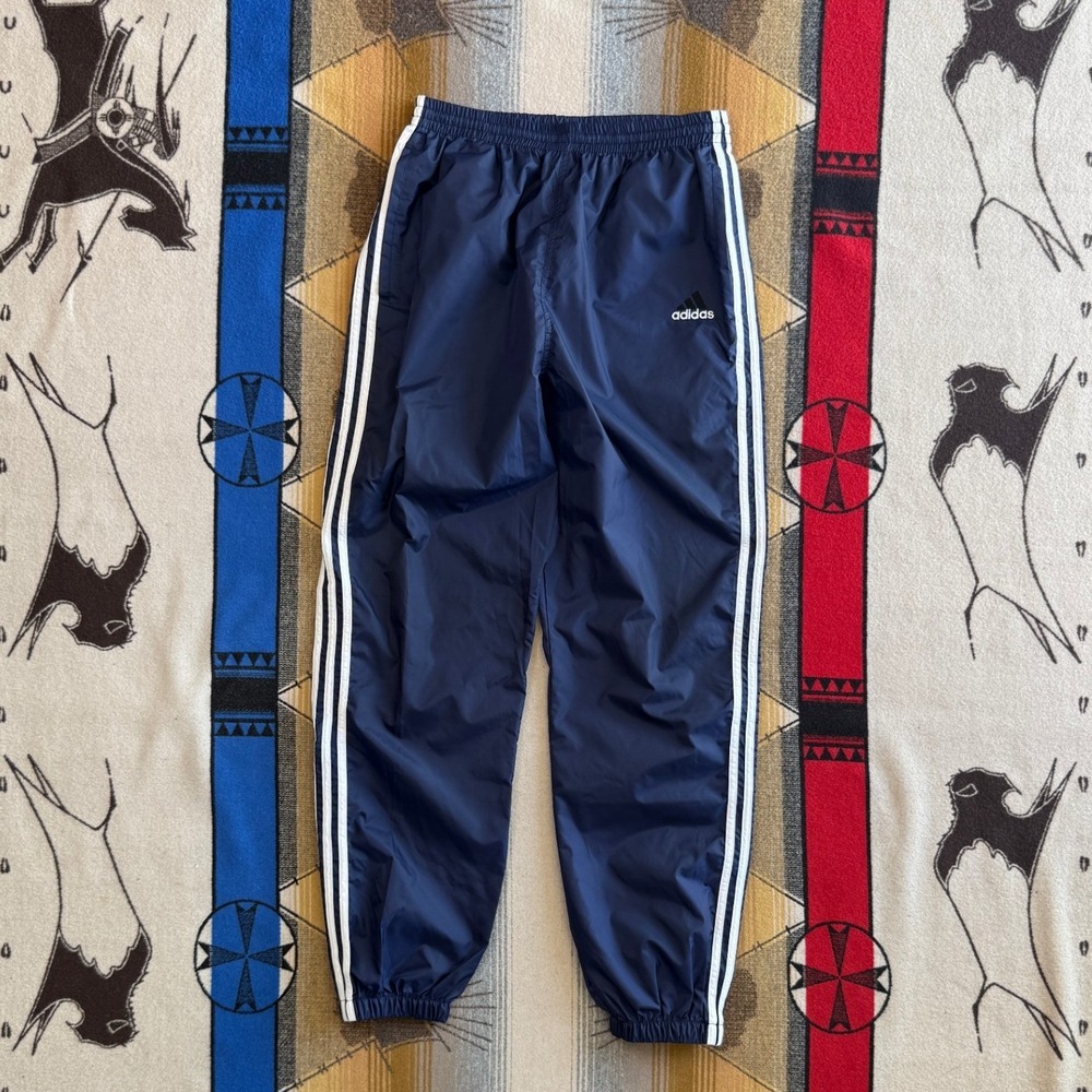 Adidas Vintage Mens Navy Blue 3-Stripe Nylon Windbreaker Track Pants Size L